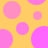 Yellow background with scattered pink circles of varying sizes, some partially cut off at edges, and two overlapping pink circles with a gradient transition between them.