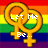 Pixelated golden female gender symbols overlap on a rainbow striped background with partial text fragments.