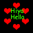 Pixelated red hearts float against a black background with green text reading "Hiya Hello" in multiple positions.