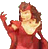 Pixelated figure in red dress with raised arm, brown hair styled upward, light skin tone, and a bright smile against gray background.