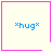 *hug* text in blue pixelated font inside a pink square border on light background; one variant includes a small purple heart symbol at bottom-right corner.
