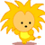 Pixelated yellow cartoon character with spiky hair, heart-shaped face, and yellow torso, standing on brown base with one arm raised.