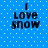 Blue background with white dots and black text reading "I love snow" in four identical