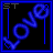 Animated sequence of blue neon text and heart symbols on black background, transitioning from 'LOVE YOU' to heart shapes.