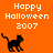 Orange background with white text 'Happy Halloween 2007' and black cat silhouette in pixelated style.