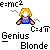 Pixel art of a seated figure with blonde hair, blue top, and brown limbs surrounded by scientific equations and text labels.