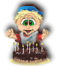 A cartoon character with blonde hair and blue cap stands behind a chocolate cake with lit candles, showing four distinct facial expressions across frames.