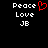 Pixelated text 'Peace Love JB' appears twice on a black background, with the first instance featuring a red heart symbol replacing the letter O in 'Love'.