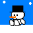 Pixelated snowman with black top hat, orange carrot nose, and white body sits on snowy ground against blue sky with falling snowflakes.