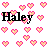 Pixelated icon with black text 'Haley' surrounded by pink and peach hearts on white background.