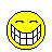 Yellow pixelated smiley face with closed eyes, red devil horns, and a wide grin showing white teeth in some frames.