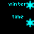 Pixelated cyan text and snowflakes on black background, with animated changes in text placement and snowflake visibility.