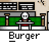 A 4x4 contact sheet of pixel art burger icons showing progressive animation frames with varying layers and text labels, arranged left-to-right top-to-bottom on a gray background.