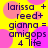 Yellow background with pink circular shapes and dark purple text reading 'larissa + reed+ gianna = amigops 4 life' in a pattern