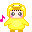 Pixel art character in yellow hooded outfit with pink cheeks, brown shoes, and brown hairline, surrounded by colored musical notes.