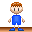 Pixel art contact sheet showing five sequential frames of a cartoon character in blue shorts and shirt standing on a brown platform against gray background.