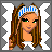 Animated contact sheet showing three distinct frames of a pixel art buddy icon featuring a cartoon woman and two text-based icons with blue starburst backgrounds.