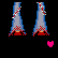 Pixel art contact sheet showing four frames of an animated buddy icon featuring a cartoon woman in pink and blue attire with heart symbols, text reading "cute lil shortie," and visible clothing details like ripped jeans and checkered sleeves.