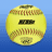 A pixelated softball with red stitching and a black logo on blue background, surrounded by green text listing team members.
