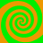 Four identical spiral patterns arranged in a , each with alternating green and orange concentric rings forming clockwise spirals on a solid background