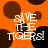 Orange background with brown and black circular spots; white text 'SAVE THE TIGERS!' in pixelated font across four quadrants.