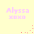 Light yellow background with pink text 'Alyssa xoxo' and scattered red pixel clusters in four quadrants.