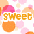 Pixelated graphic with 'sweet' text in orange letters surrounded by pink and peach circular shapes on white background.