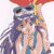 Pixelated character with long purple hair, blue eyes, and a blue outfit holding a red umbrella with yellow accents.