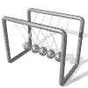 A Newton's cradle animation showing five metallic spheres swinging in sequence across a metal frame.