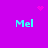 Purple background with cyan text "Mel" in four corners, pink heart and starburst shapes at top center and top right.