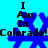 Blue snowflake-shaped icon with black text "I Am In Colorado!" on cyan background, showing two distinct pixelated states.
