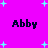 A 4-frame animated contact sheet showing a pixelated text-based icon with the name "Abby" repeated across four panels on a bright pink background with cyan starbursts.