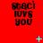Red background with black pixelated text "staci LOVES you" repeated in a , with cyan plus and star symbols appearing in specific positions