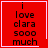 Red square icon with black text "i love clara sooo much" and white border; two variants show pink heart and star symbols on right edge.