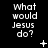 Black background with white pixelated text "What would Jesus do?" repeated in a , each containing the same phrase