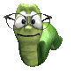 Green cartoon worm with glasses, smiling, in four distinct poses showing varied eye expressions and head angles against a gray background.