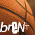 A pixelated orange basketball with dark brown seams and white text reading 'brenn' at the bottom.