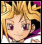 Pixelated anime-style character with spiky blonde hair and purple eyes, wearing a white top with dark collar accents.