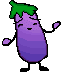 Pixelated purple eggplant character with green top, closed eyes, smiling mouth, black limbs; left pose shows open hands, right pose has one hand raised near speech bubble containing 'Th...' text.