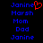 Blue pixelated text list on black background with red heart symbol replacing 'e' in first 'Janine'.