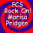 Four identical circular icons with red and blue spiral backgrounds display white text reading "FCS Rock On! Marisa Pridgen" in a pixelated font.