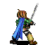 Pixelated character with brown hair, green tunic, blue cape, and yellow pants holding a silver sword in a dynamic pose against a gray background.