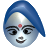 Pixelated circular icon shows a light blue face with blue hair, black eyebrows, a red bindi, and a smiling mouth.