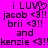 Pixelated text on bright pink background reads 'i LUV jacob <3!! brii <3!! and kenzie <3!!!' with a heart symbol replacing the 'O' in 'LOVE'.