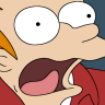 Close-up of a cartoon character with wide eyes, open mouth showing tongue, orange hair, and red clothing.