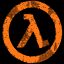 Static orange logo icon featuring a lambda symbol inside a circular border on black background, rendered with pixelated dithering effect.