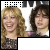 identical pixelated images showing two people with curly hair, one smiling broadly and the other neutral, against a white background with gray rectangles below