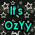 Pixelated teal text 'It's OzYy' on dark background with white star shapes, static image.