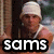 Two side-by-side pixelated images of a person wearing a white beanie and sleeveless top with text overlays reading 'sams' and 'man' respectively.