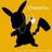 Black silhouette of a rabbit-like character with long ears, white hands, and dark pants against a yellow background; the right arm is raised in three